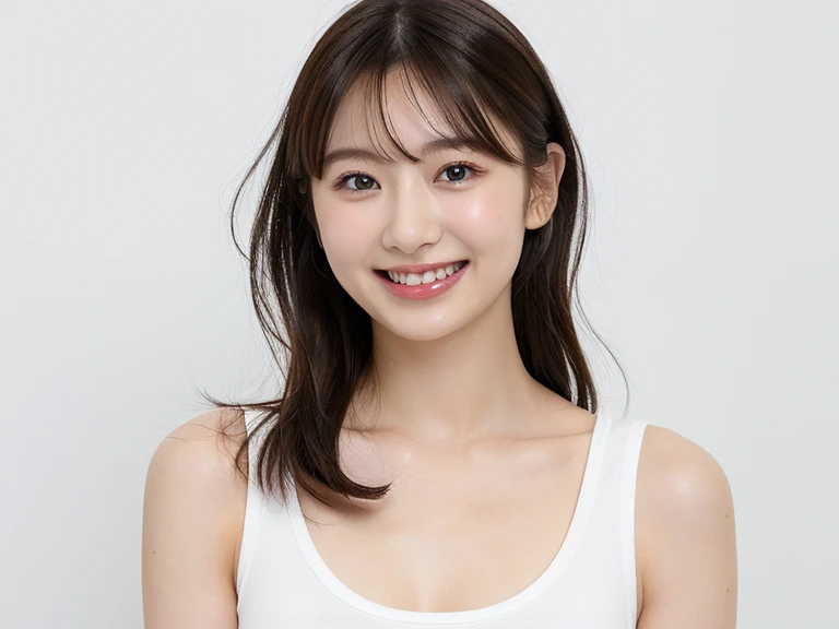(in 8K,Raw photography,Highest Quality,realisitic,Photorealsitic,extremely delicate and beautiful,Highly detailed,finely detail,ultra-detailliert,hight resolution:1.3),japanes, femele、(17 age)、Viewer's Perspective Beautiful and shiny straight semi-long hair see-through bangs Embarrassed look Half-open lips Draw poses and angles randomly (Beautiful fece:1.2) (kawaii:1.3) Smile at the front
