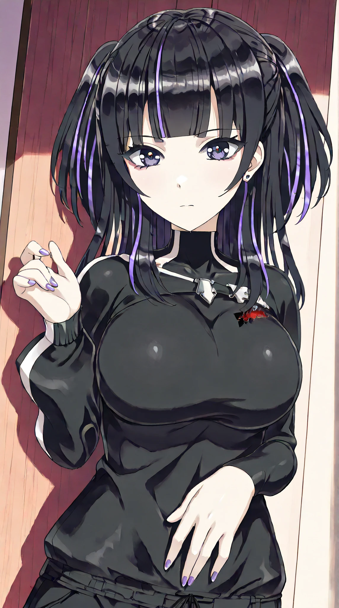 Masterpiece, highres, high Quality, detailed face, detailed body render, 1girl, solo, hinata-sleeveless-outfit, large breasts, big breast, sleeveless shirt, fishnet top, dark lips, unzipped jacket, no bra, breasts out, nipple, standing, blushes, (on bedroom)