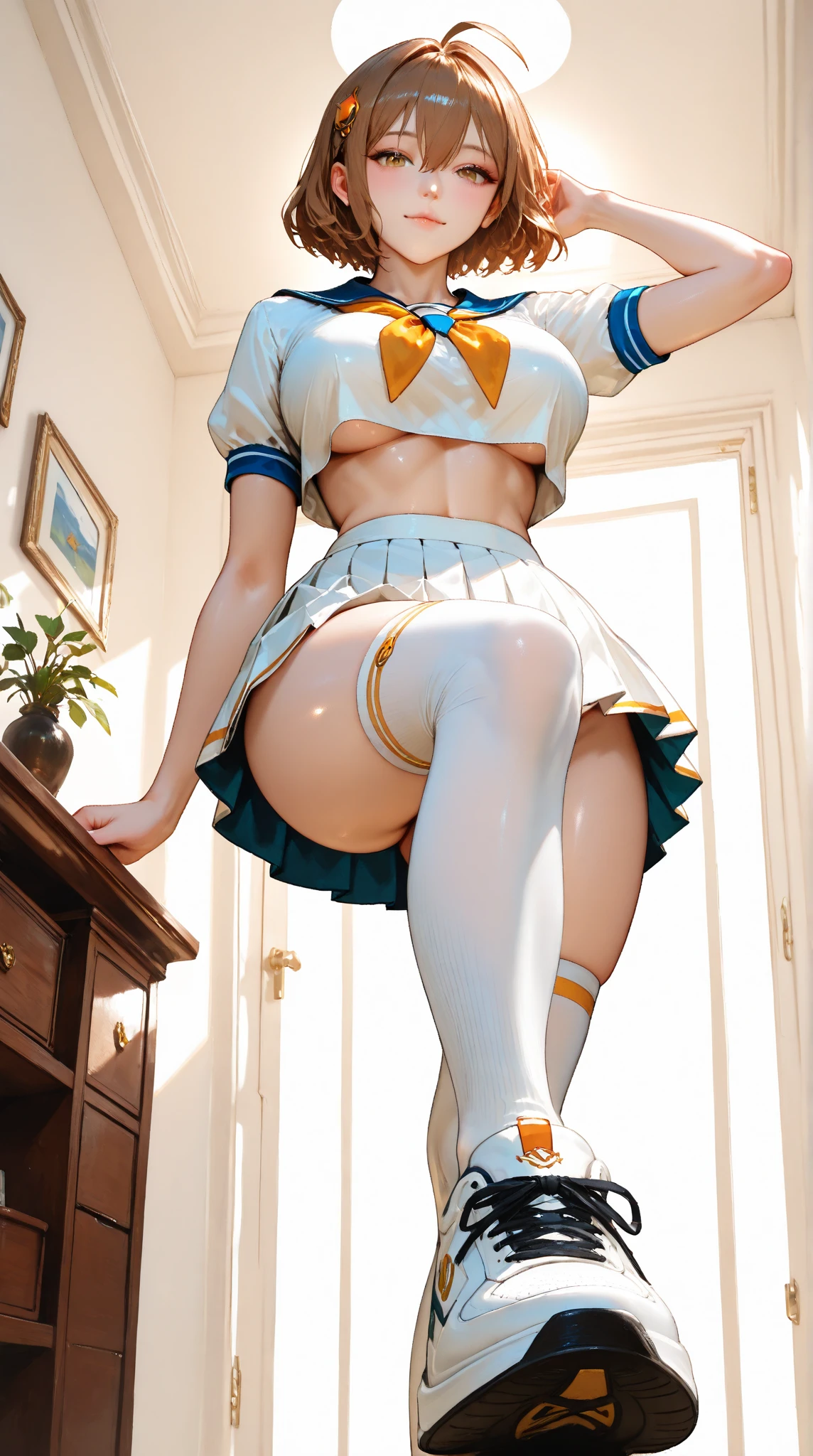 20 year old Japanese woman,((Wearing a cheerleader uniform))(非常にdetailedな肌),Curvy hips,Beautiful big ,(Very large breasts),Pale skin,Pointed Chest,Erect nipples,(Fantasy art,Best image quality,Surreal portrait,(8k),Ultra-realistic,最high quality, high quality, High resolution, high quality texture,Attention to detail,Beautiful details,detailed,Extremely detailed CG,detailed Texture,Realistic facial expressions,masterpiece,in front,dynamic,bold),(((short pixie cut))),(Very thin hair),(Very soft hair),(Super Straight Hair:1.5),length, sleek bangs,Very light coppery amber hair,Hair in one eye、(((Wear a cheerleader uniform))) (((sit astride a high-backed chair))) (((Sit with your chest against the backrest)))(((Excited)))(((Put your hand in your panties))) (((The lines of the body are clearly visible)))、(((Depiction of beautiful fingers))) (((Beautiful body depiction))) (((Sit with your legs apart)))、(((Full body photo)))、(((Low angle photo)))、(((Correct ankle orientation)))(((Correct number of legs)))