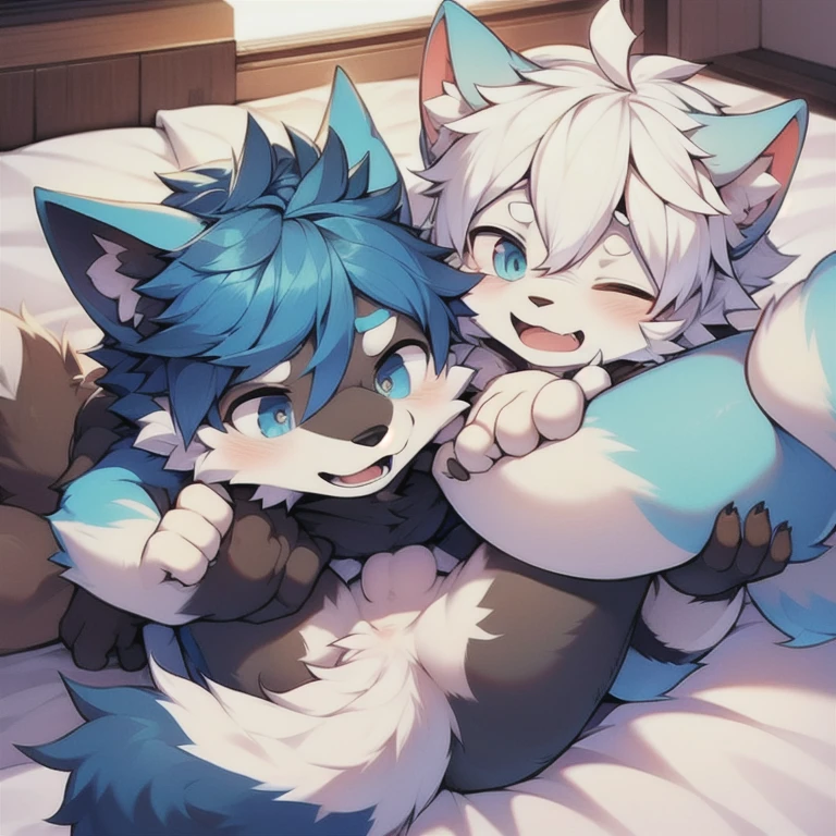Delicate style，Delicate hook lines，delicate skin，fine hair，hairy的尾巴，exquisite eyes，blue eyes，Topless，short shorts，leg rings，collar，Covered in white slime，Handsome，Lovely，Cat style，Shota，blue pupils,Two teenage males in love，a white fur，white cat ears，hairy，blue eyes，sin pantalon，One light blue floppy ear，Blue eyes and blue fur，Topless，紧身short shorts，leg rings，collar，lie down，shy，open mouth，mouth full of mucus，Have abdominal muscles，shy，There are two male teenagers hugging each other on the bed，Pants bulge slightly，exposed belly，Mouth open and panting，barefoot，bright sunshine