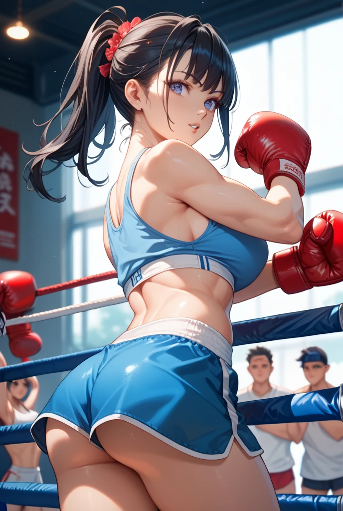 {female boxer, black hair, ponytail, navy blue sports bra, ((blue boxing gloves)), sweat all over body, beating, inferiority, fatigue}and {opponent short-haired female boxer, offensive}, female boxing match, (((two women)), two face to face