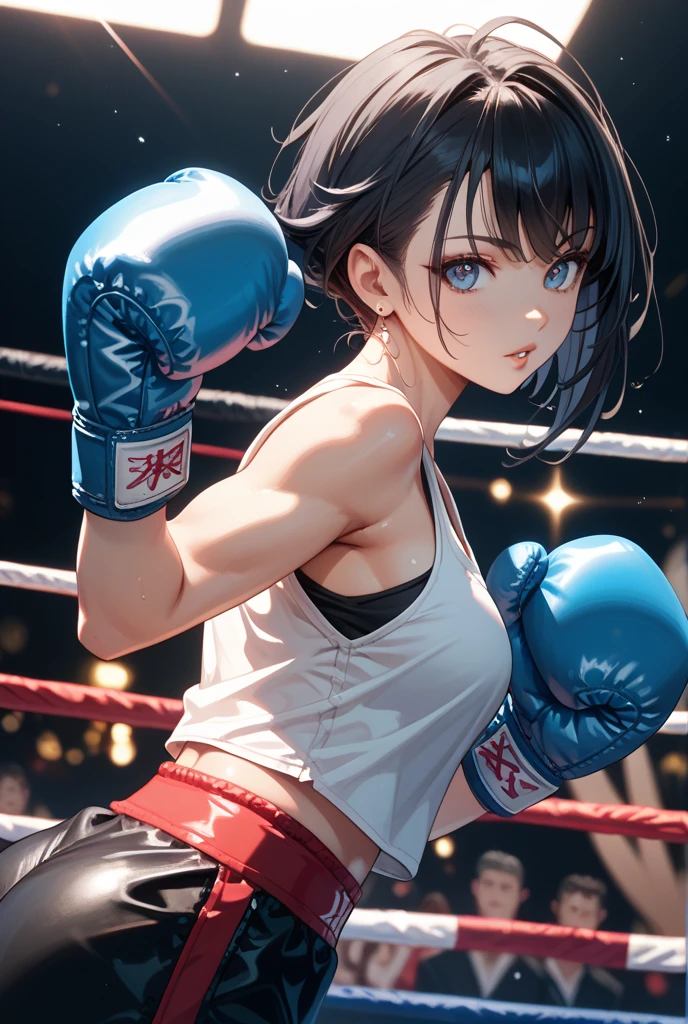 (8K, Raw photo, 最high quality, masterpiece:1.2), High-definition RAW color photo, Professional photo shoot, cinematic light, (((young woman, gal))), (Sharp features), (Big eyes), (small face), (high detail skin:1.2), cute face, beautiful appearance, long eyelashes, (blonde), (toned body:1.5), (beautiful chest), very detailed顔と肌の質感, fine eyes, natural makeup, (colorful bikini:1.2, colorful mini skirt:1.2, boots, 女子wrestlingラー:1.5), (((fighting pose:1.5, drop kick:1.2, nervous look))), staring eyes, beautiful skin, shiny skin, (large crowd:1.2, wrestling), perfect fingers, five fingers, anatomically correct, background bokeh, high quality, surreal, bright colors, ((very detailed, photo shoot)),masterpiece、最high quality、High resolution、real girl、wrestlingラー、people々close-up of、Wearing a white bodysuit、During、Sexy、masterpiece, super fine illustration, best quality, light particles, ultra detailed, perfect anatomy, Japanese anime style, 8K, (woman), (small breasts), ((black short hair)), shiny hair, shiny skin, oily skin, beautiful face, (white leotard, wrestling boots:1.2), (nipples), (orgasm face, beautiful black eyes, shiny eyes, half-closed eyes), blush cheeks, arched back, get down all fours, boob on stage, (naked man:1.3), (man behind woman), (intense Sex:1.6), (doggy style sex:1.4), vaginal penis, hetero, (man hold woman's waist:1.4), (cum out), nsfw, stage, wrestling stage, crowd,pubic hair,perfect anatomy