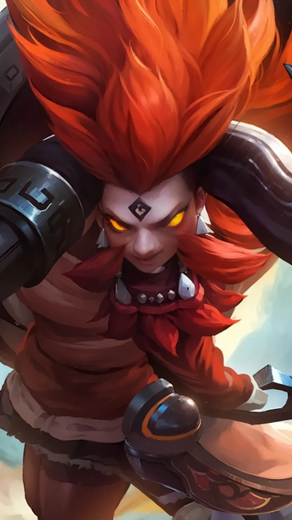 masculine male, masterpiece, ((perfect eyes)) best quality, (semirealism:1.9), beautiful lighting, (extremely detailed CG unity 4k fhd wallpaper), High Detail, Sharp focus, dramatic outdoors,40 years old, brown short hair, blue eyes, smile, Boy with two big horns, big earrings on ears, elf ear, red eyes, Thick eyebrows, evil smile, grinning,red body, red face, Burning skin, yellow diamonds glistening on chest, burning red skin,golden robe behind, big white belt , 8k , realistic, scary.