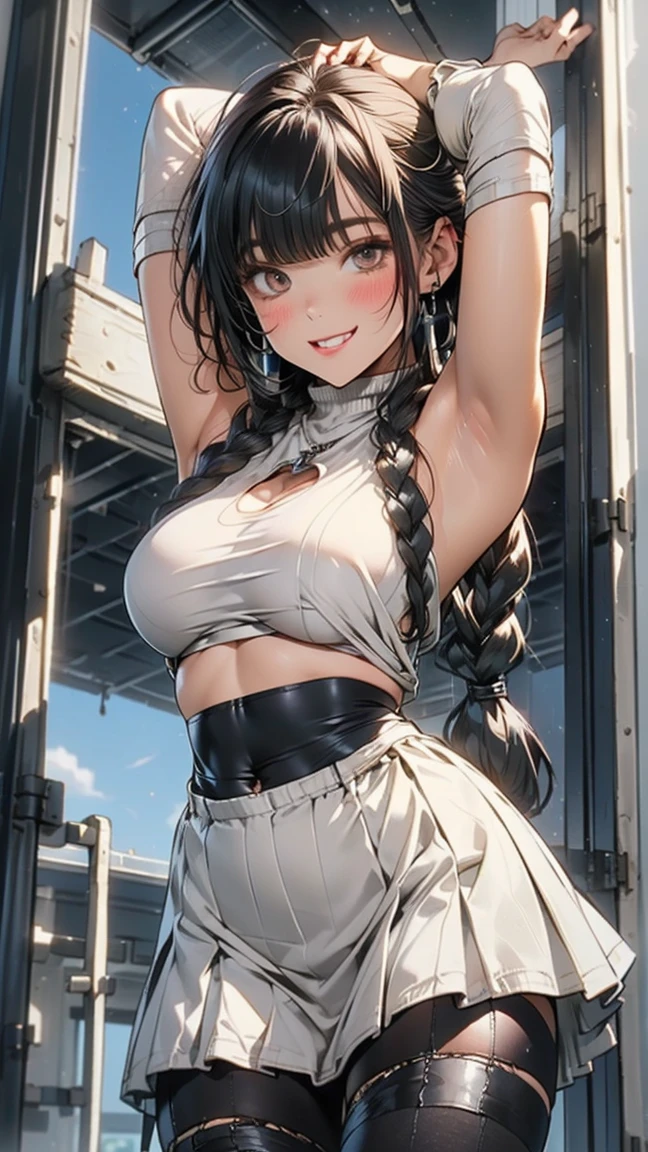 burlap crop top, smile, shorts, city, large breasts, wide hips, hair bun, (pink hair), white pupils, <lora:Burlap V3:0.6>