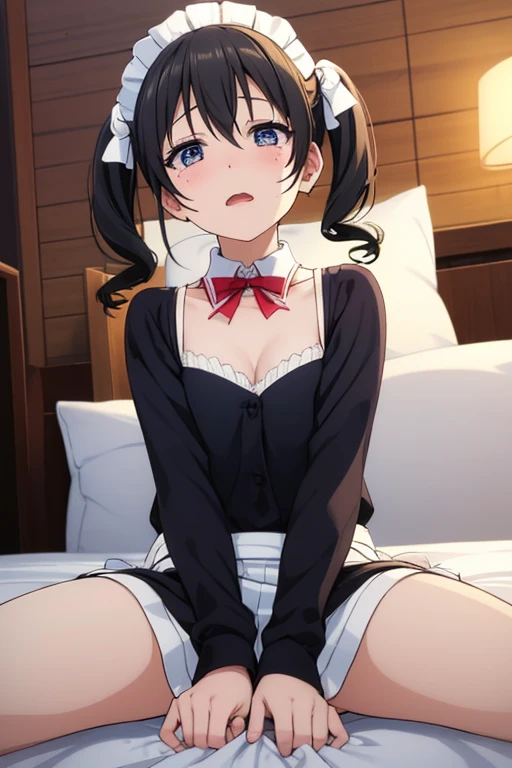 ((Tabletop, highest quality, High resolution, , Pixel perfect, 4K,))), 1 beautiful woman, private teacher、The whole body is visible、 ((Mid-wave hair, bangs, Brown Hair)), ((Brown eyes, Beautiful eyelashes, Realistic eyes)), ((Detailed face, Blushing:1.2)), ((Smooth texture:0.75, Realistic texture:0.65, Realistic:1.1, Anime CG Style)), middle size breast, Dynamic Angle, Perfect body, (( , , 、Frill apron, Maid Costume、Ruffled short sleeve shirt)),Luxury Bedroom、 Lying on the bed、、Very embarrassing panic smile, 、、、、(Floral lace panties are visible、Open your arms、Show your ass)、Angle from below)、