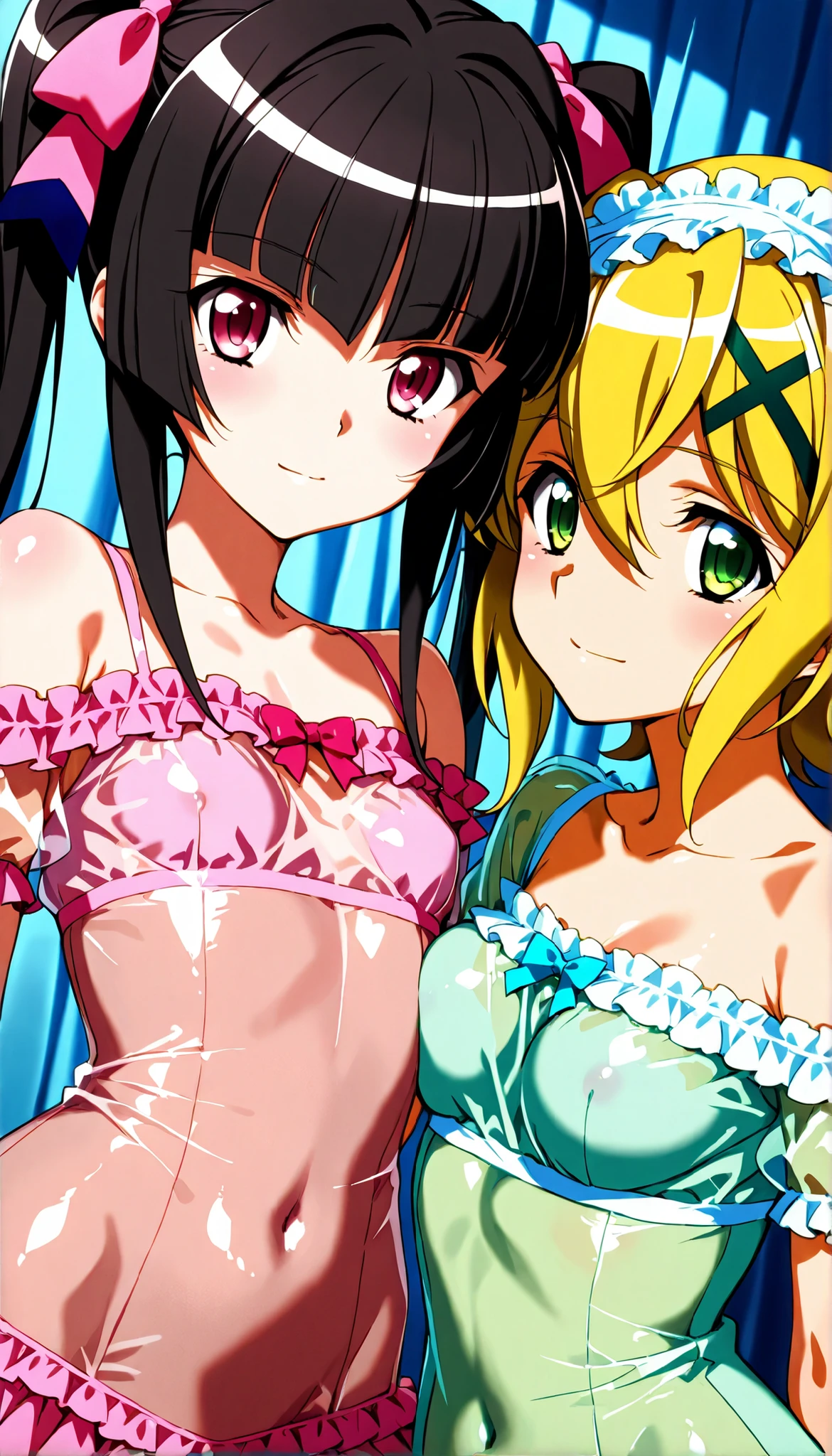 asakura_yume,Brown Hair,Medium Chest,Aqua Eye,White skin,((locker room)),((Are standing)),(((Changing into a bikini swimsuit))),((Bust up shot)),(((((green_Summer Dresses))))),((valley)),No bra,smile,Open your mouth,