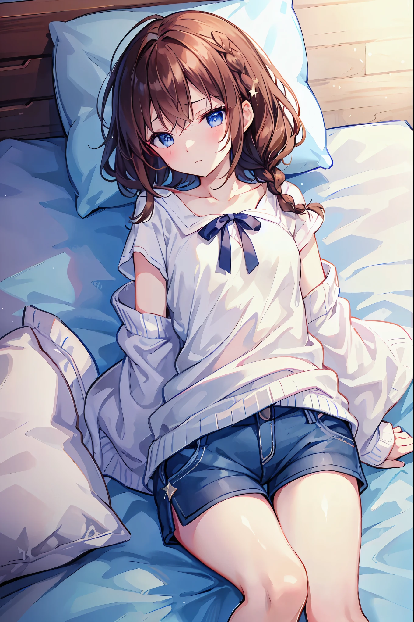 top-quality、超A high resolution、Ray traching、globalillumination、a 20 yo woman、college aged、Blue Eye、Brown medium hair、(Kamimei)、Shy laughter、Puffy nipple、breasts of medium size,、thick thight、、Denim tight skirt、(White turtleneck sweater)、hide your chest with both hands、Sleep in bed、Pleasant look、closing eye、Kamimei