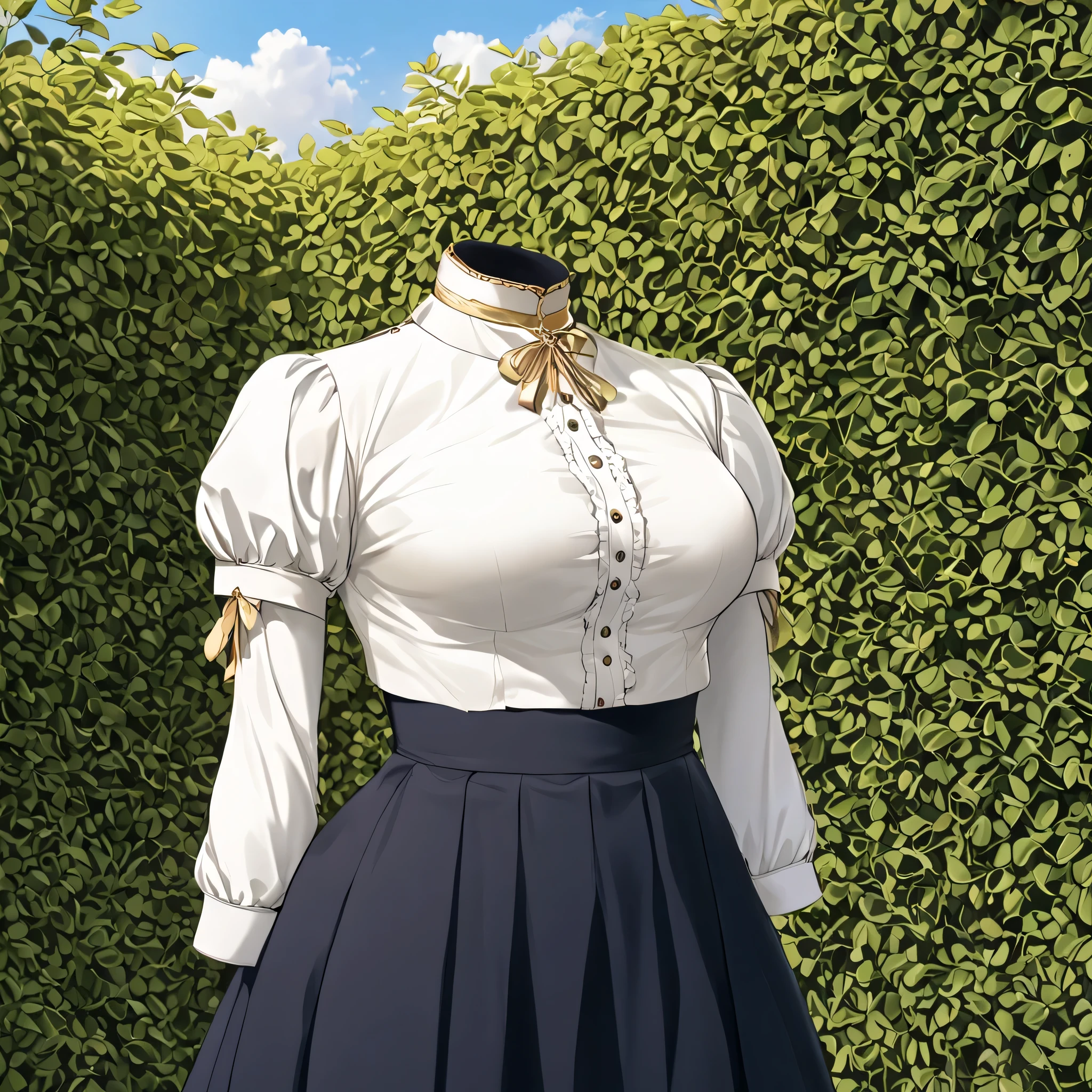 Hilda Valentine Goneril, white blouse, black skirt, Garreg Mach uniform, masterpiece, crossed arm, from side, in garden, (invisible:1.5, no humans:1.5, headless:1.5, faceless:1.5), cute big huge breasts, detailed cloth texture, extremely details, close-up to breasts, (Best-quality, Masterpiece, Ultra-High-Resolution), transparent, invisible person,