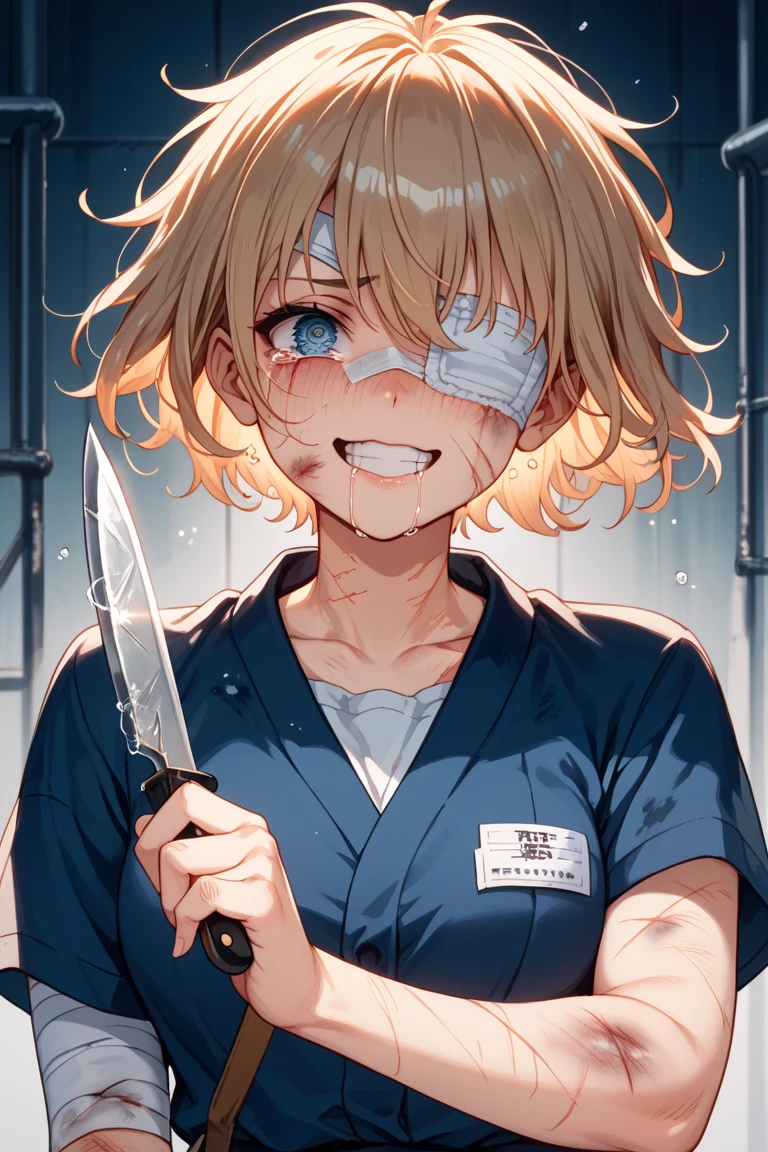 ryuuguu_rena highres 1girl arm_up blood blood_in_hair blood_on_clothes blood_on_face blood_on_hands blue_background blue_eyes blue_sailor_collar empty_eyes neckerchief orange_hair sailor_collar shading_eyes shirt short_hair short_sleeves simple_background solo upper_body white_shirt yellow_neckerchief
