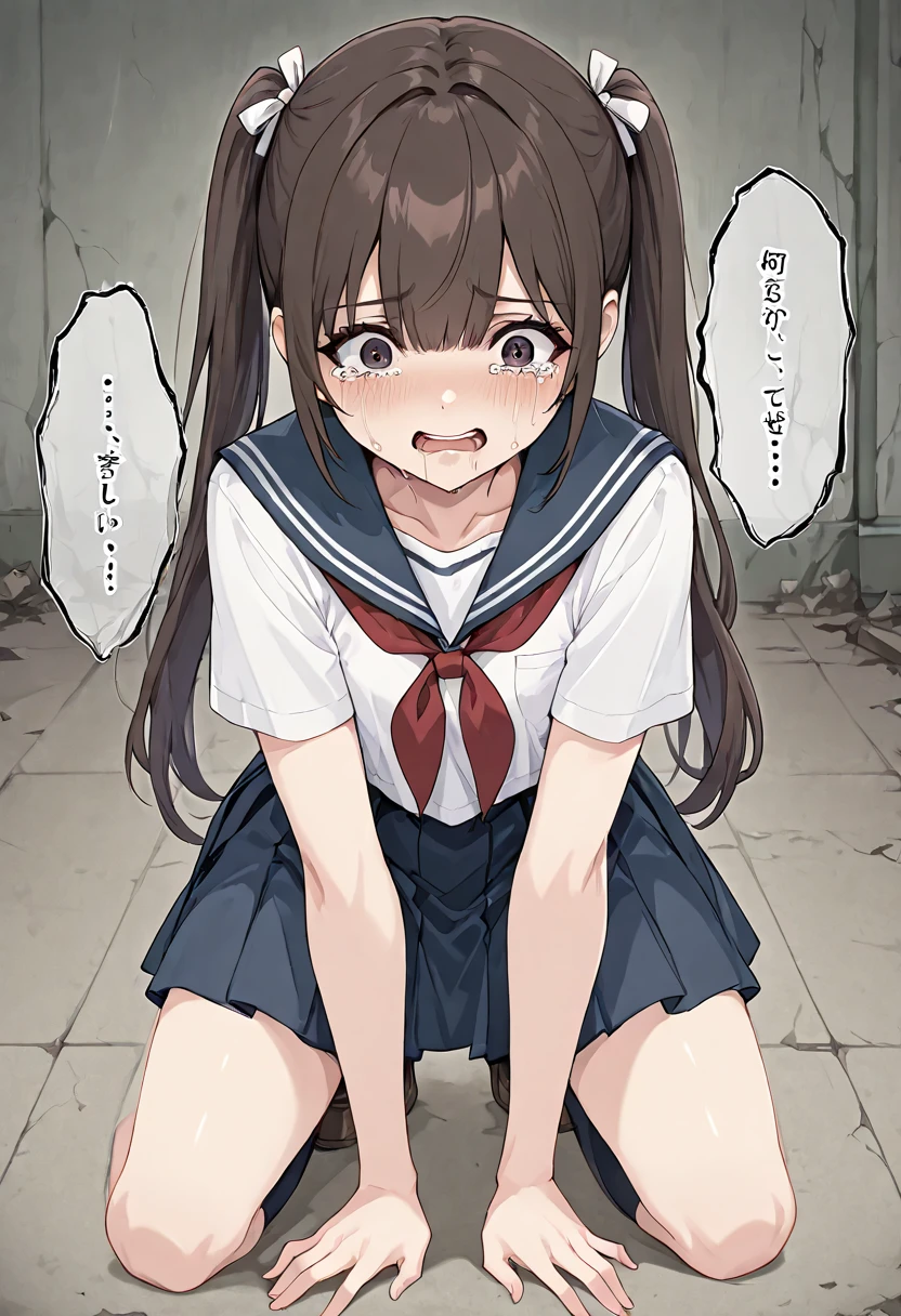 highest quality、cinematic lighting、 in sailor suit、Squat down and spread your legs、painful face、dripping sweat、full of sweat、slender line、(Photo 1 seen from below:1)、roadside、