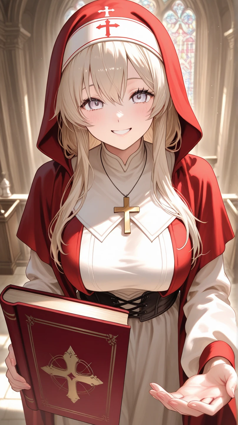 score_9, score_8_up, score_7_up,kase daiki, 
1girl,long hair, red eyes, hood up, white robes, white capelet, pendant, long dress, upper body, big breasts, looking at you, smile, indoors, church, hand to own chest
<lora:kase daiki:0.25>