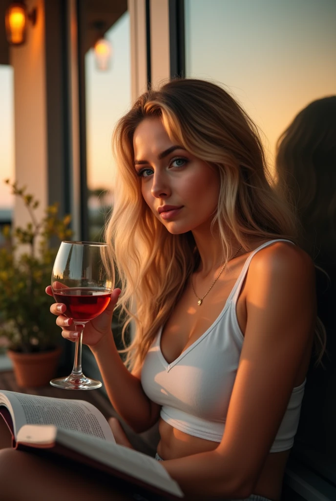 Combine delicate beautiful vibrant roses on a blue sky day with a beautiful 30 year-old blonde woman holding a glass cup filled with black coffee in a garden, symbolizing the peaceful connection between humans and the natural world. Double exposure photography.