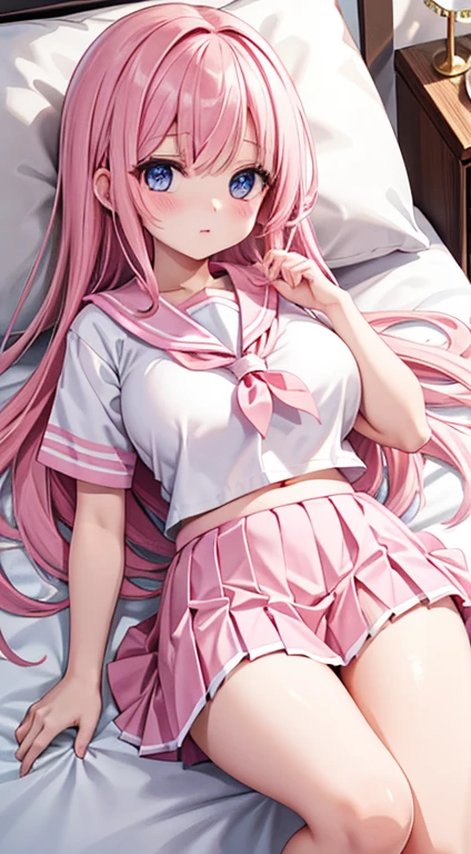 Beautiful illustration、top-quality、Cute little girl s、Bedroom、A pink-haired、length hair、(((Pink pleated skirt)))、(((pink sailor suit)))、shortsleeves、Colossal tits、a navel、Flipping up the skirt with your hands、Show white panties、Pull up your skirt and show your panties、bare-legged、blue eyess、on the beds、lovely thighs、glowing thigh