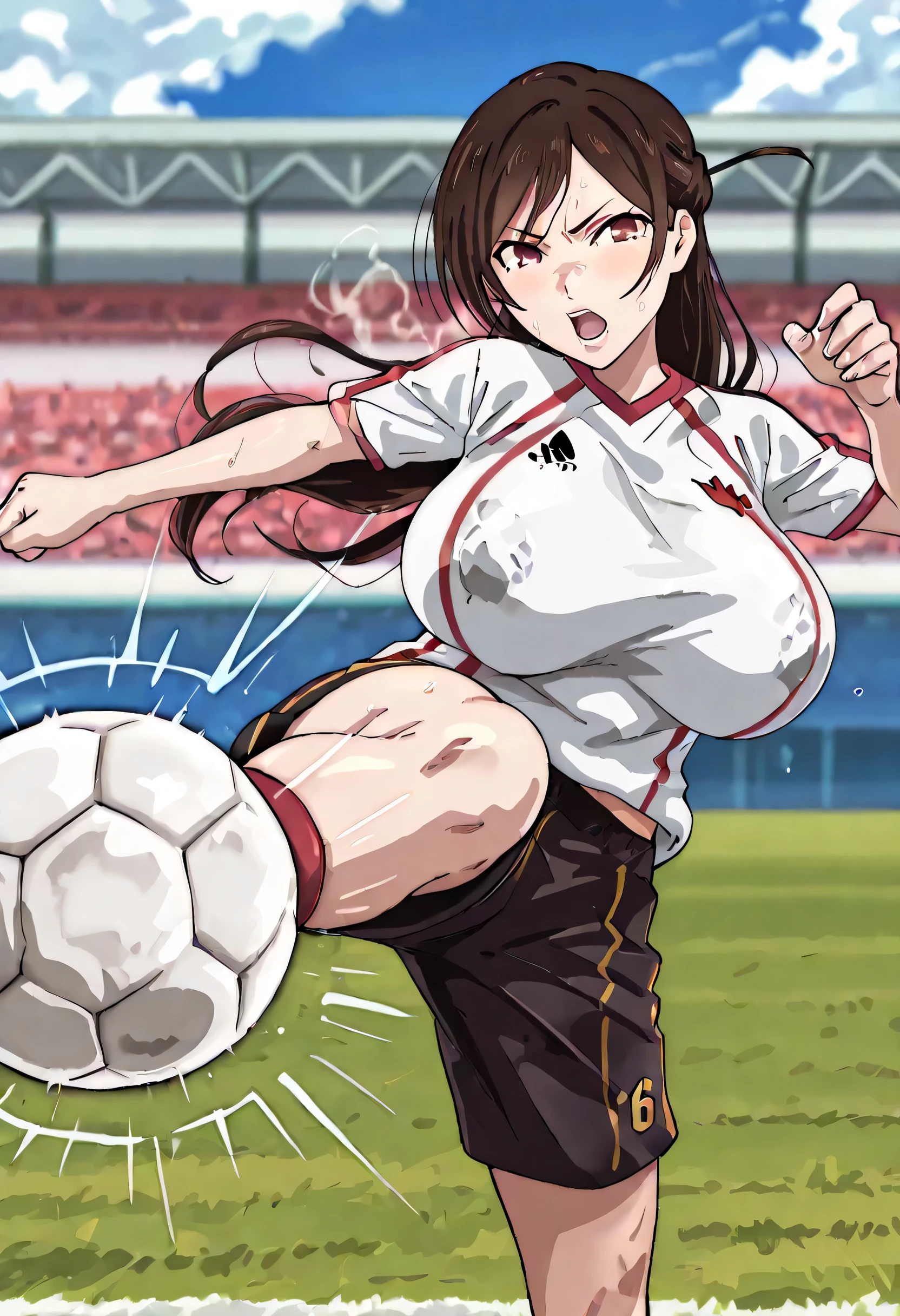 SFW, Art Style by Iwao178, censored, black bar censor, looking at viewer,Mizuhara Chizuru, brown hair, light brown eyes, Sagging breasts, ponytail hair, white jersey, shorts, soccer, kicking, cowboy shot, motion lines, lines effect, exhausted face, hard breath, open mouth, Blurry Background, composition showing her whole body,