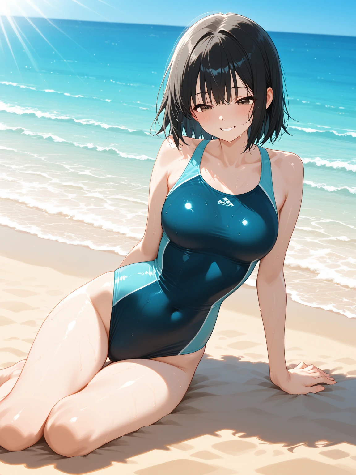 One piece type competitive swimsuit Black Bob Hair Great style blush smile Directly facing knees