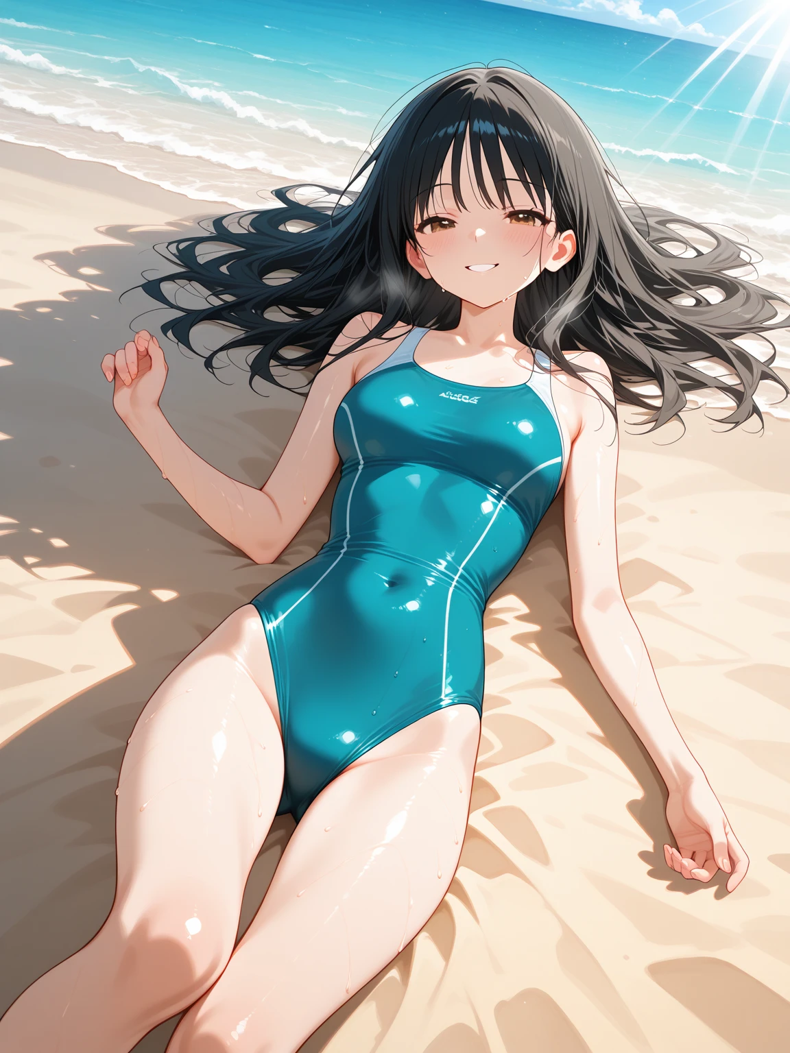 (((masterpiece, top-quality, hight resolution)))、(NSFW)、Anime Art Style:1.5、 cute face、Clear facial features、Black eye, A dark-haired,、(((Ultra-thin swimsuit in too small dark blue color)))、(((The swimsuit is too small and tight)))、((Bite into the pubic area))、Wet、((Give up bras))、(((Tiny swimsuit)))、Red face、Shy face、(((Sit with your legs open)))、large full breasts、(((Navy blue swimsuit with high adhesion)))、View here、