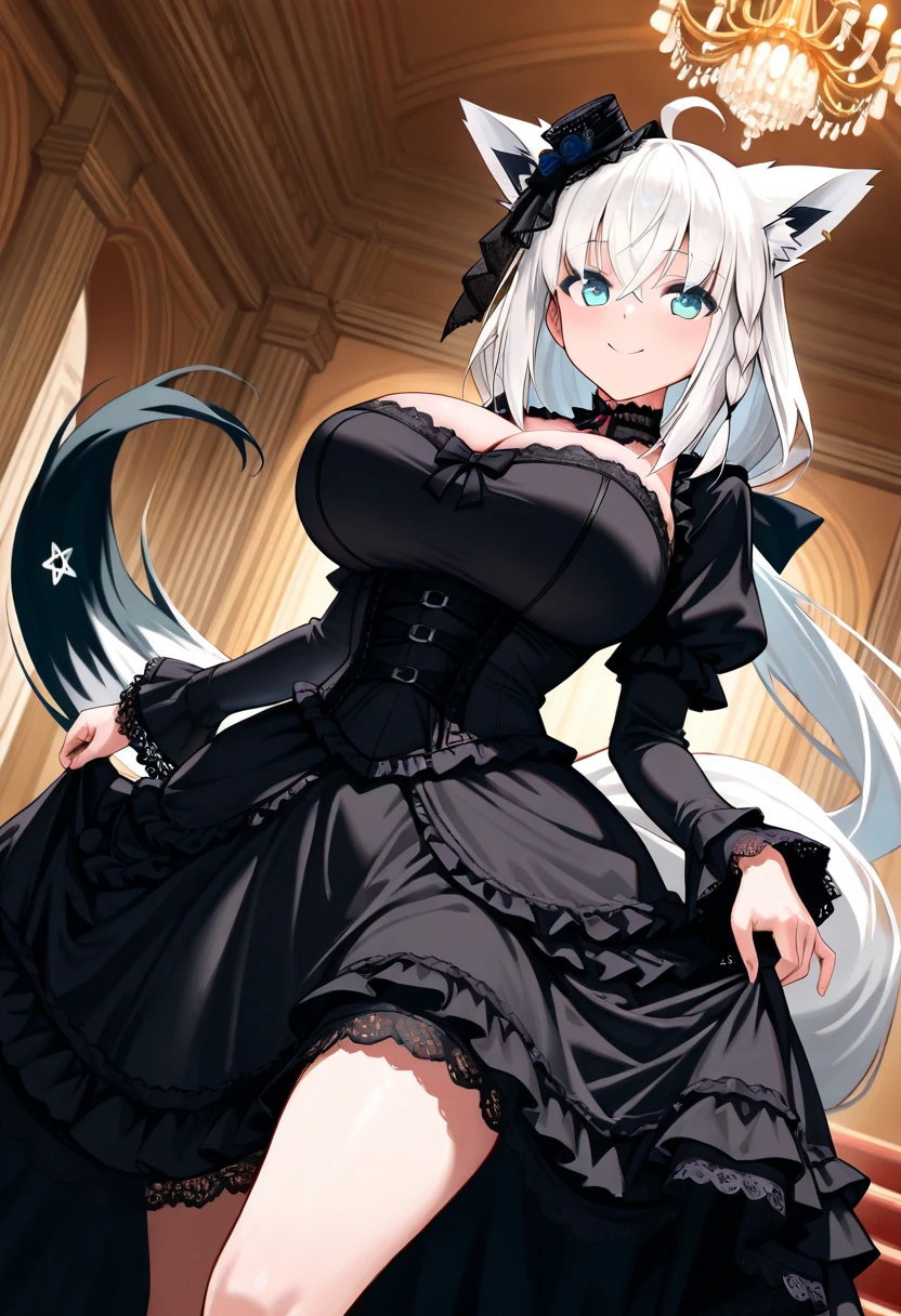 Absolutely beautiful cat lady, perfect slim body, mature royal sister, gray hair, royal sister face, maid outfit, sexy and alluring, beautiful face, bust, 4K picture quality, big body, feminine expression, blush shyness, outrageously large bust, deep eyes, smile