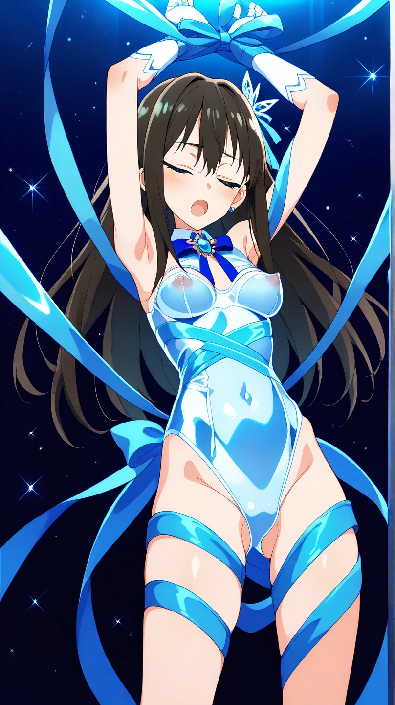 {{{{amazing quality, great quality, high quality, very aesthetic, aesthetic, best quality}}}},
realistic, photo, shadow, Three-dimensional, absurdres, Digital art,
{{{{Magical girl}}}}, beautiful girl, one girl,
black hair, long straight hair, hair, trimmed hair, shiny hair, blunt bangs, short sideburns,
brown eyes, tareme,
{{{flat chest}}}, {{small breasts}}, {{{detailed body}}}, slim thighs, thin thighs,
ribbon trim, red bow tie, heart brooch, white headband, white circlet,
both shoulders expose, covered navel,
{{magic circle}},
Completely nude, glowing from the neck down, white glowing body, white glowing arms, white glowing legs, both arms outstretched, transformation scene, transformation pose, smile,