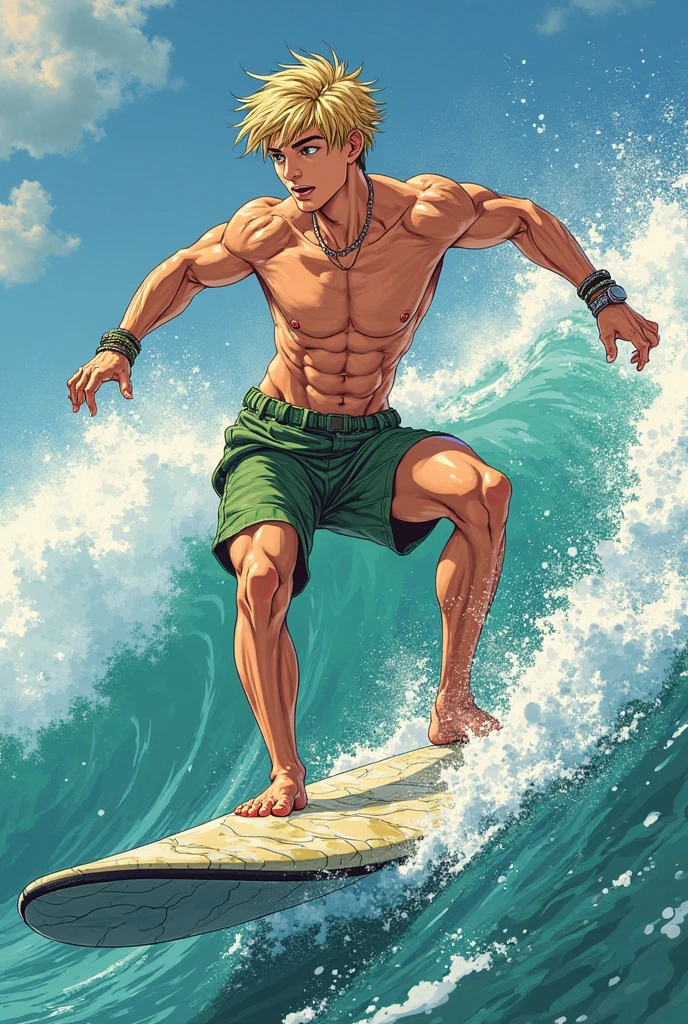 (masterpiece, best quality,absurdres ), 1man, muscular, detailed eyes, running in water, full body, illustration,(two-tone background, ), topless, speedos, red speedos
