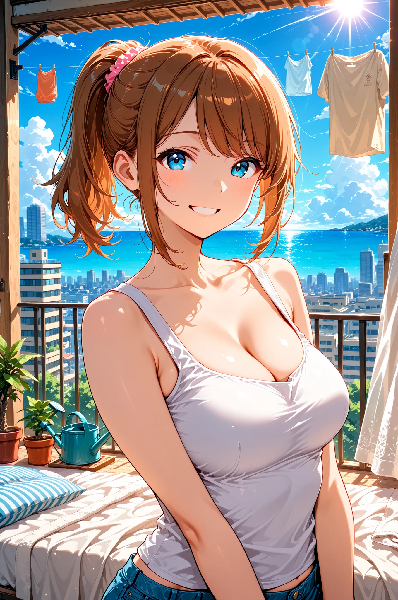 masterpiece、Mastepiece、girl、Random hairstyle、Clear eyes、Smiling at the audience、Perfect proportions、full body shot、Large Bust Random Bikini、Sexy pose、The background is the cityscape