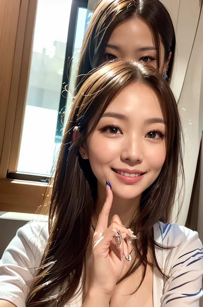 ((Realistic lighting、highest quality、8k、masterpiece:1.3))、Clear focus:1.2、One Girl、Perfect body beauty:1.4、Slim Abs:1.1、whole body、((Dark brown hair、Large Breasts:1.3))、(Acceleration:1.4)、(Fresh、dawn:1.1)、View of Waikiki Beach、Palm tree、Thin face、Beautiful Eyes、double eyelid、Fashion model posing、Floating Hair、Sheer material(Thin and see-through material)Blouse made with,Light and cool impression,meanwhile、Adorable smile
