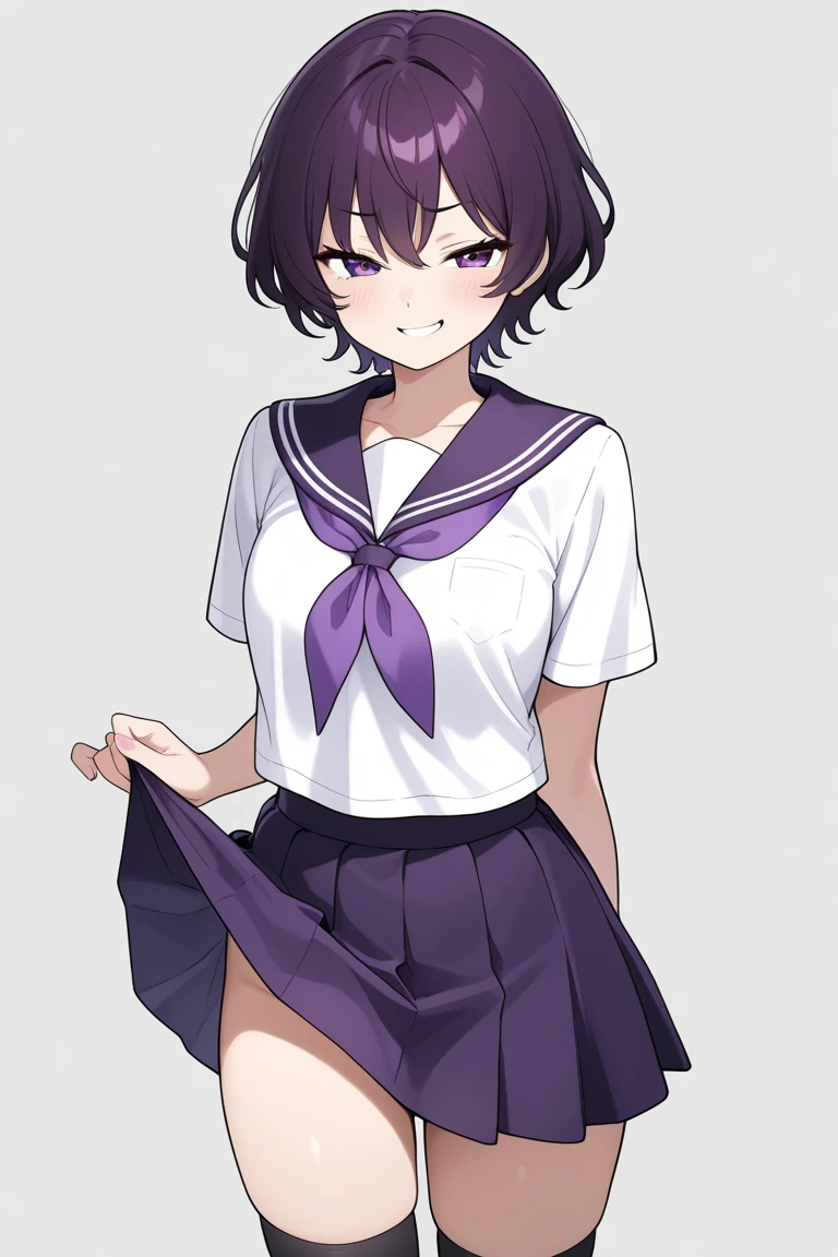 Masterpiece, best quality, Masterpiece, best quality, 1 woman , red eyes , Long purple bangs , Indifferent expression , purple sailor suit , short skirt , big breasts , abdomen , Put your hands on your hips , low angle shot