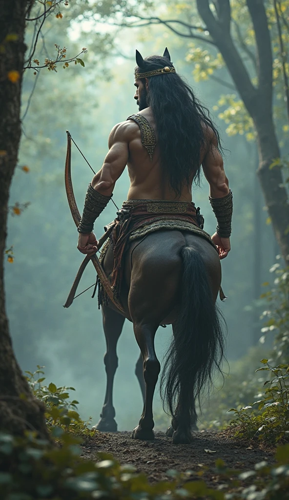 Intricately detailed muscular male centaur, One Male Centaur, Shoot a bow, A look of fierce determination, sharp keen eyes, Chiseled facial features, Long flowing hair, Dynamic action scenes, Majestic mythical creatures, Dramatic lighting, Fantasy art style, Cinematic構図, Bright colors, Dramatic Shadows, (Highest quality:1.2, Very detailed, Photorealistic, Attention to detail, Ultra-high resolution, masterpiece:1.2), Cinematic写真, Complex background, Cinematic, Backlight, Film Grain,