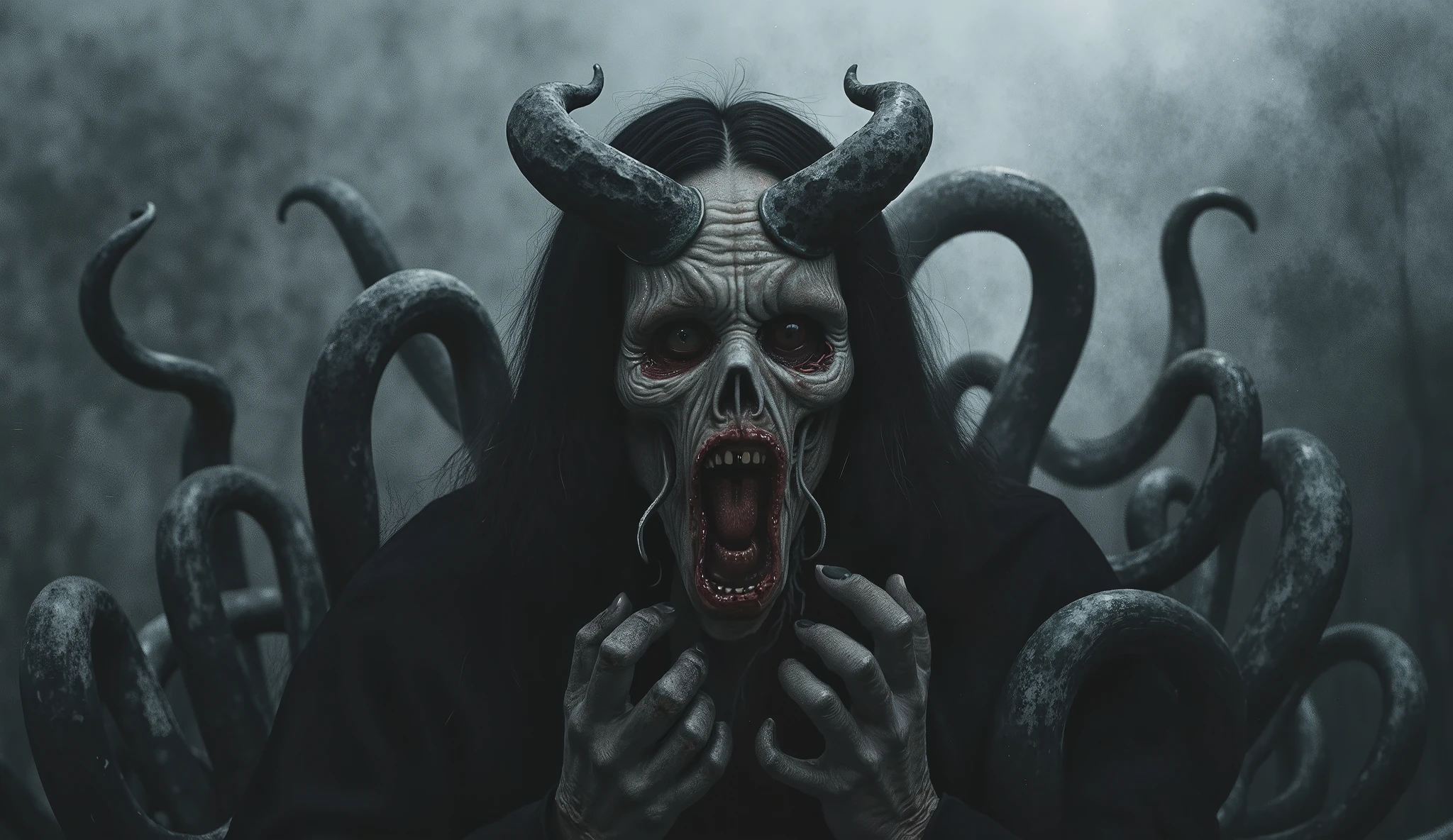 Eldritch entity, distorted face, tentacles coming out of the eyes and mouth, biomorphic body, darkness and fog background, high detail, masterpiece.