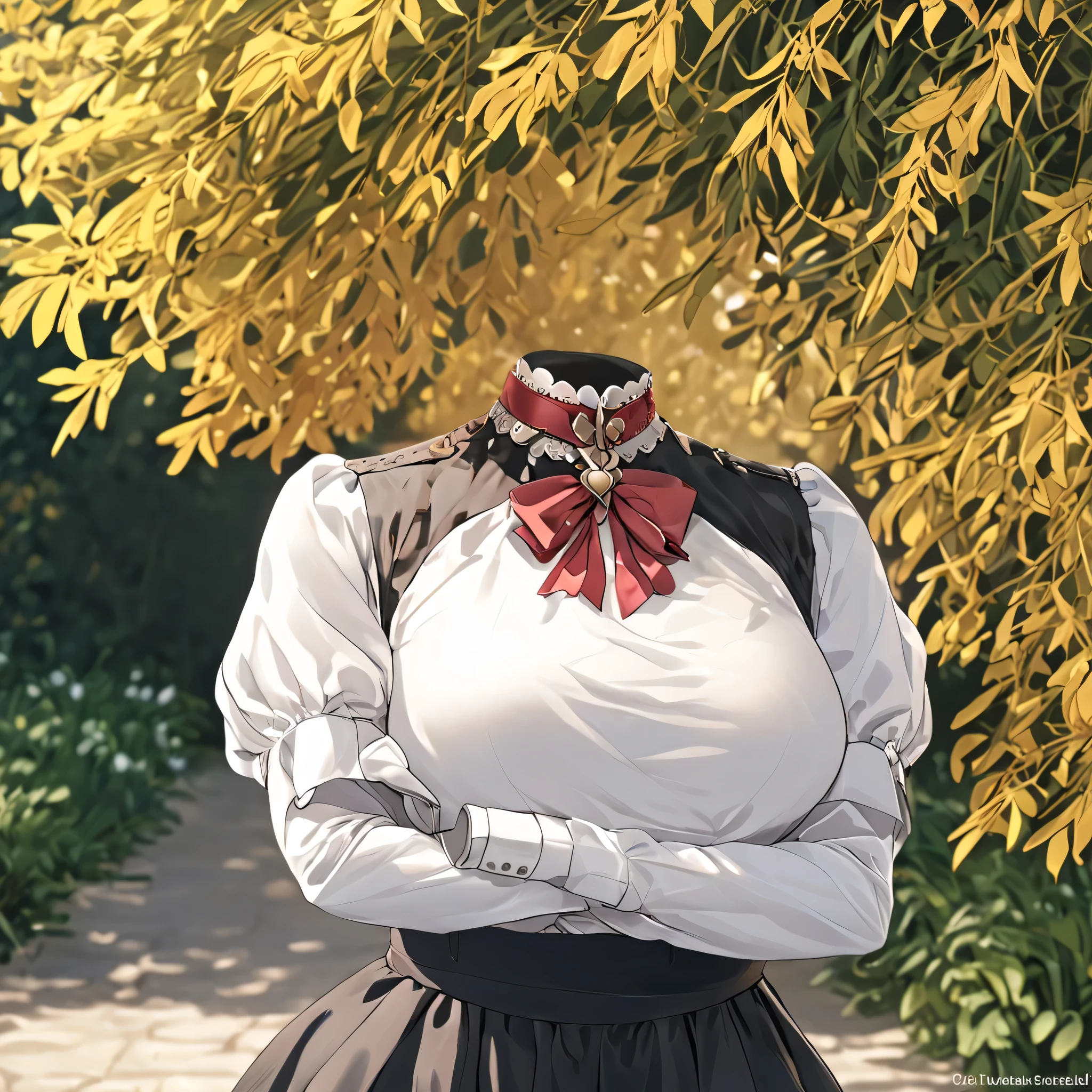 Hilda Valentine Goneril, white blouse, black skirt, Garreg Mach uniform, masterpiece, crossed arm, from side, in garden, (invisible:1.5, no humans:1.5, headless:1.5, faceless:1.5), cute big huge breasts, detailed cloth texture, extremely details, close-up to breasts, (Best-quality, Masterpiece, Ultra-High-Resolution), transparent, invisible person,