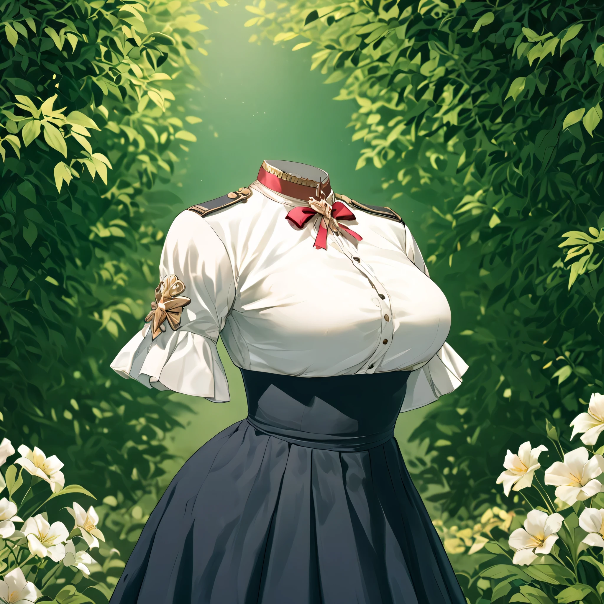 Hilda Valentine Goneril, white blouse, black skirt, Garreg Mach uniform, masterpiece, crossed arm, from side, in garden, (invisible:1.5, no humans:1.5, headless:1.5, faceless:1.5), cute big huge breasts, detailed cloth texture, extremely details, close-up to breasts, (Best-quality, Masterpiece, Ultra-High-Resolution), transparent, invisible person,