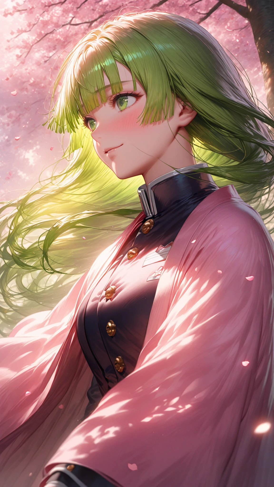 Perfect human body modeling, 1girl, small breasts, beautiful girl, cute girl and idol face, young face, smile, Beautiful long pink hair, twintails, Beautiful shining red eyes, white skin, Short body, Western-style fantasy, RPG, martial artist, dark green Chinese Combat Uniform,