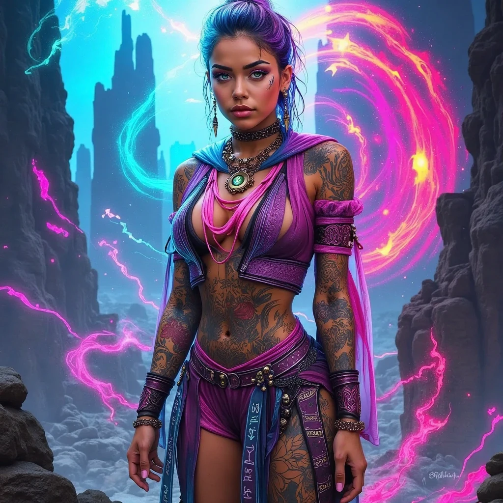 beautiful native girl with a spear, purple long hair, tattoo, electronic rifle, alien cat sitting on shoulder, purple fur, fear, spacesuit, a spaceship overgrown with moss and trees, an alien planet, bright alien butterflies, a jungle, a sunny day, a stream, bright colors, high quality, realistic lighting, 8k, hdr,