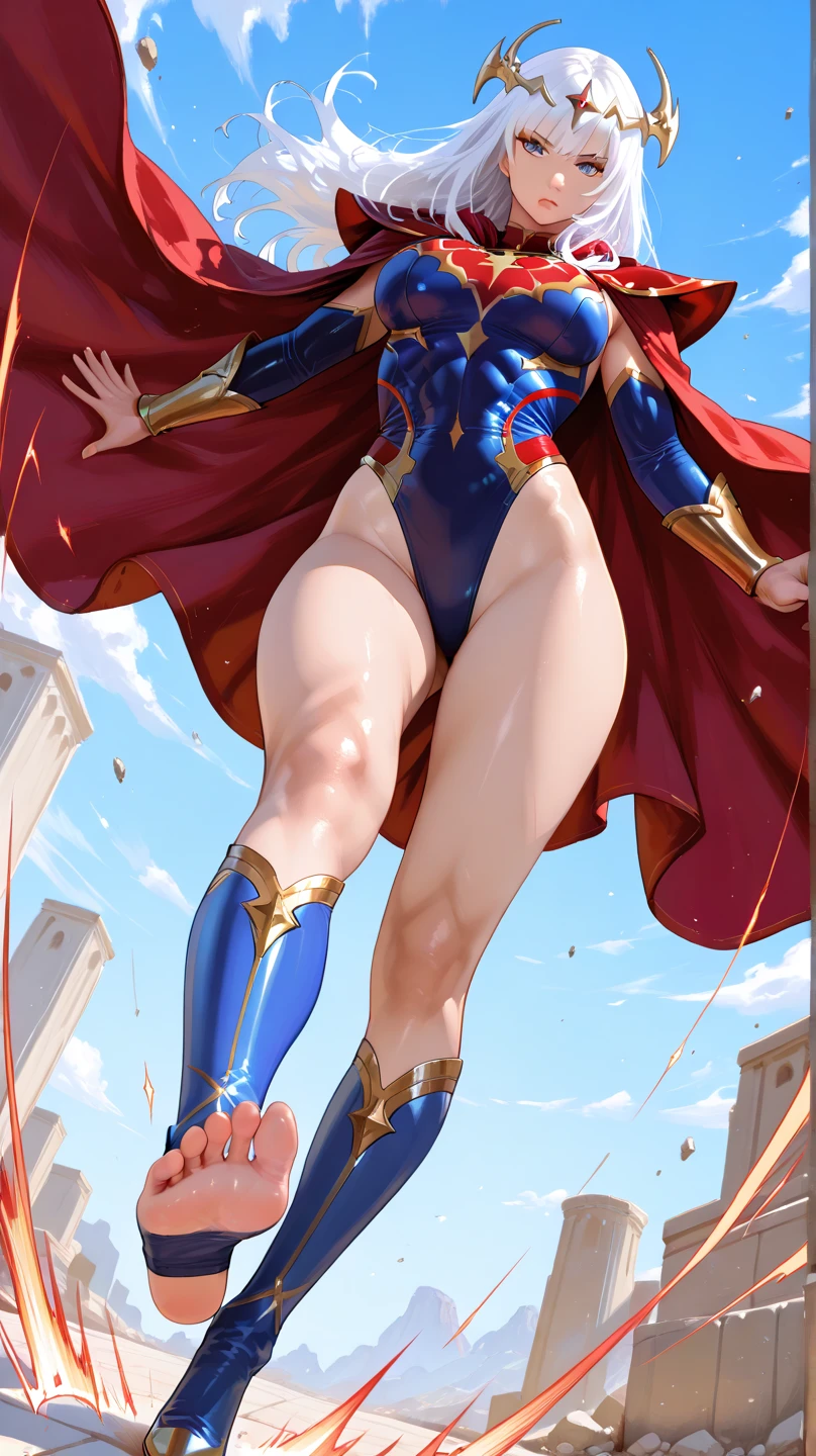 Tight suit in blue and red tones with the iconic symbol "S" On the chest.
- Red cape fluttering in the wind, long and majestic.
- High boots and gloves, both in red, that complement the suit.
- Thin yellow belt that defines the waist.
- Standing, with a firm and confident posture, hands on hips.
- Flying over a city with a determined look.
- In a dynamic pose, ready for action, with one arm extended and the other flexed.
- Determined and confident look, transmitting both power and compassion.
- A soft but confident smile can add warmth and bring the character closer.
- Metropolitan city at sunset, with skyscrapers and a sky that mixes orange and purple tones.
- A cosmic scene with planets and stars, showing your connection to the universe.
- A post-battle landscape with destroyed elements, highlighting her role as protector.
- Soft, warm light that highlights the textures and details of the suit.
- Shadows that accentuate the muscles and figure, creating a dramatic contrast.
- Light effects that suggest energy and power emanating from the character.
- Hair blowing in the wind, adding dynamism.
- Visual effects such as flashes of light or auras that enhance your power.
- Add moving elements, like the cape and hair, to give life and energy to the image.