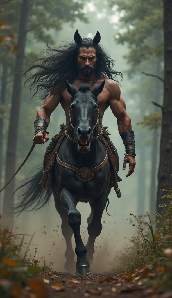 "A powerful burmese young man warrior with a muscular physique, standing on a horse in a lit village. The warrior has long black hair tied in a top knot, a full beard, and intricate tribal tattoos covering his arms and chest. He wears a traditional warrior's outfit with leather straps and a waist belt. His expression is intense, and he holds a large, double-headed battle axe in one hand. The horse beneath him is strong and sturdy, with prominent curved horns, and the scene is illuminated by th