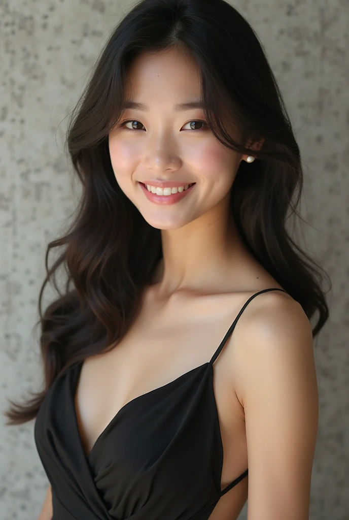 Asian Beauty、beauty、Soft hair、Black Sleeveless、Landscape、I can see your forehead、Background is simple concrete、Olive brown hair、smile、looking at the camera、Semi-long hair、Outline of an inverted triangle、Big Eyes、Thready hair、Rounded silhouette、human、Realistic、ベースmodel、photo shoot、Chin narrowing、cute、Pure feeling、プロのphoto shoot、Head to chest photo、cute、Beauty、elegant、Shiny Hair、Wax for straightening hair、model、Clear skin、Eyes that tend to be dark、Long, flowing bangs、Asian Beauty、プロのphoto shoot、Kind Face、Clear face、20-year-old