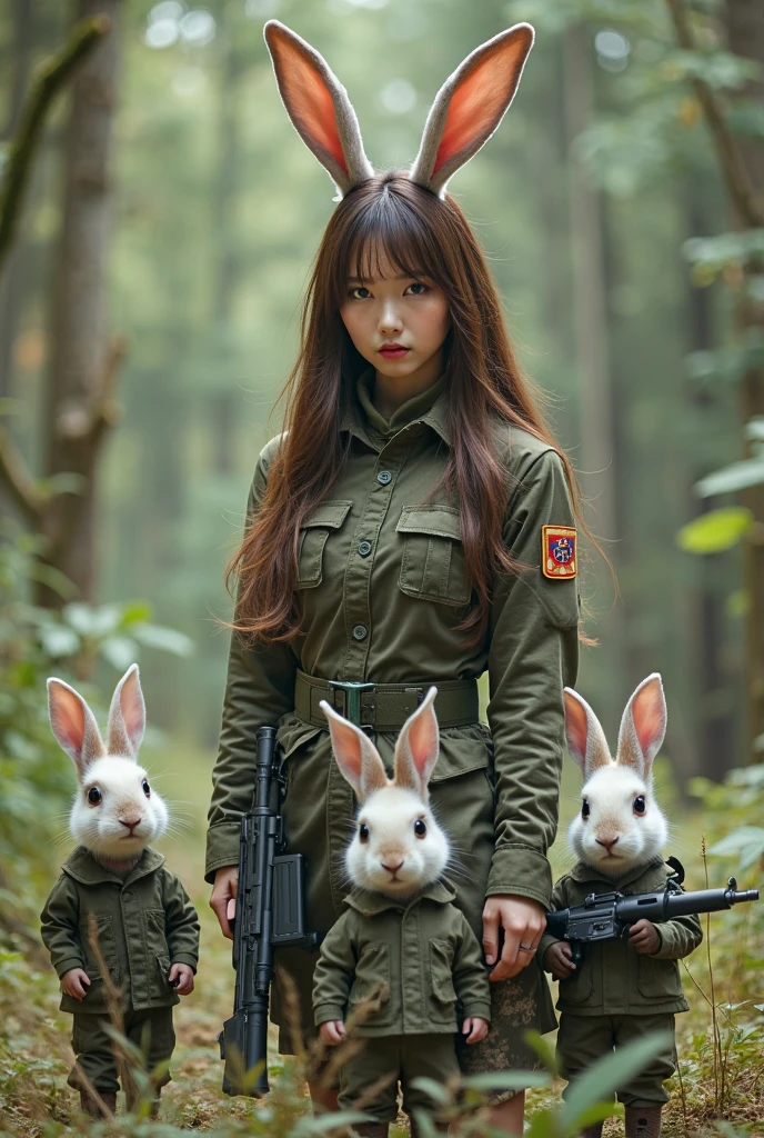 A seductive Japanese woman, 2, dressed elegantly in a high-necked camouflage combat uniform bunny girl costume in the wilderness、She has long brown hair and a rabbit ear ornament on top of her head.、The photo shows her with a small chest and a calm expression.、It shows her inner peace and outer charm.。Next to him are two rabbits dressed in combat gear and holding guns.。