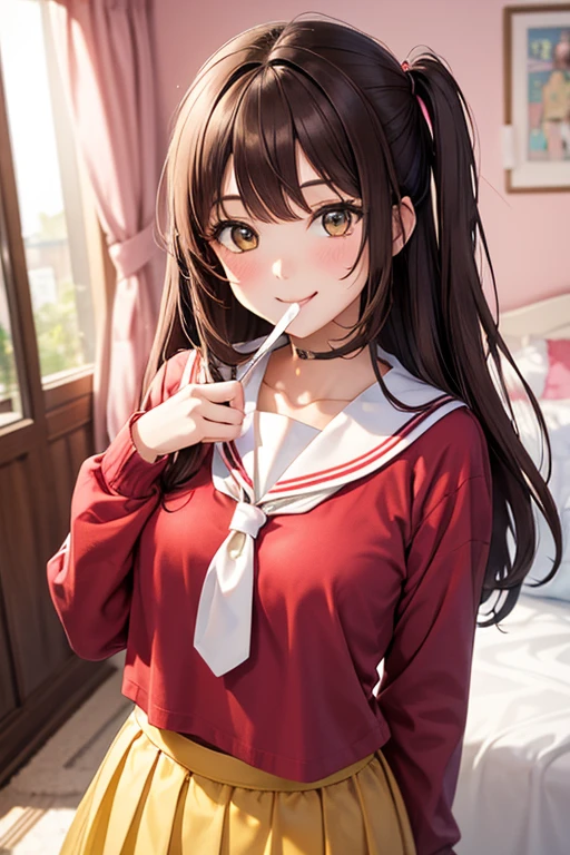 a girl in hot clothes with long brown hair she blushing hard and her tongue is out
