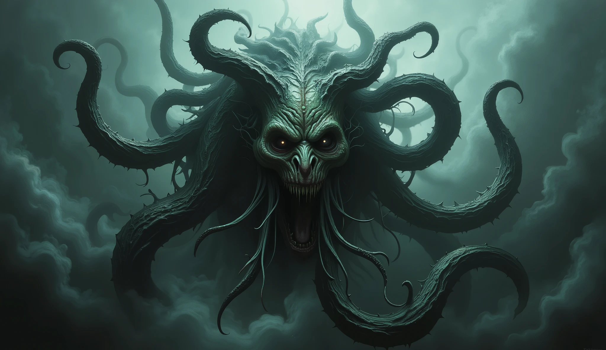 Eldritch entity, distorted face, tentacles coming out of the eyes and mouth, biomorphic body, darkness and fog background, high detail, masterpiece.