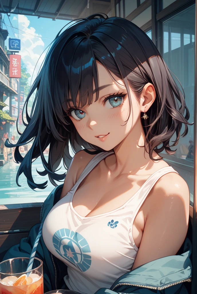 【Upper body  naked】, (with exposure), with large areolas, very cute, woman in swimsuit, animated image of woman, sweat, breastfeeding, cute sexirobat, [4K digital art]!, 3DCG, High resolution commission, Giant  art, Detailed digital animation art drawn in high resolution,, erotic, flirty face,
