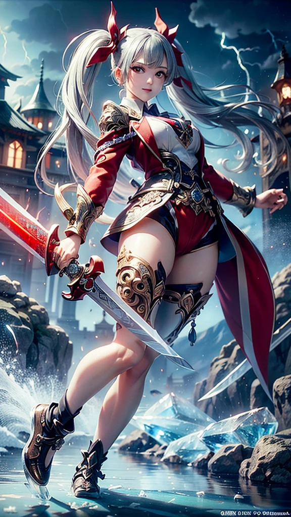 ((best quality)), ((masterpiece)), (detailed), knight , (sci-fi illustration:1.3, longshot pos, mystical sky , bright colors, (detail sci-fi background), (high-resolution:1.2, high res, (winter), xenoblade art style, female, beautiful face, beautiful lips, sword, stockings, boots,4k)