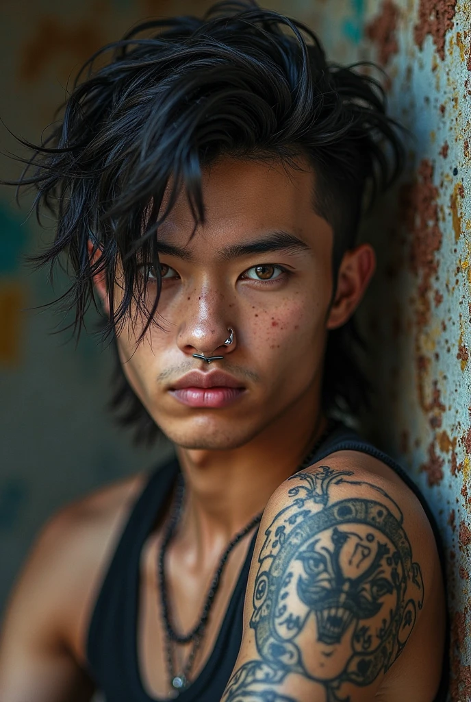 Black haired man l, golden eyes scar on one eye , pink mouth, shoulder tattoo, light brown
