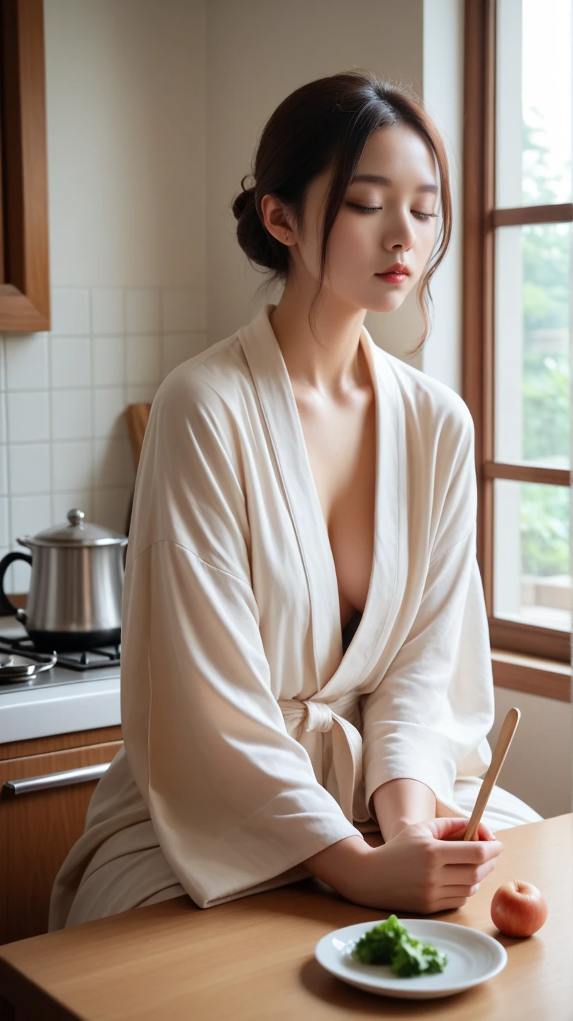 (hyper realisitic), (Illustration), (High resolution), (8K), (Extremely detailed), (Best Illustration), (Beautiful detailed eyes), (Best Quality), (Ultra-detailed), (masutepiece), (Wallpaper), (Detailed face), Solo, (Dynamic Pose), 1 girl, In the kitchen, White wavy hair, Korean, Heterochromic eyes, Small moles under the eyes, Large breasts, Long legs, Tight abs, (Camel toes), (Stockings), (sheer thread robe) (), (No bra), Legs apart, Appropriate posture