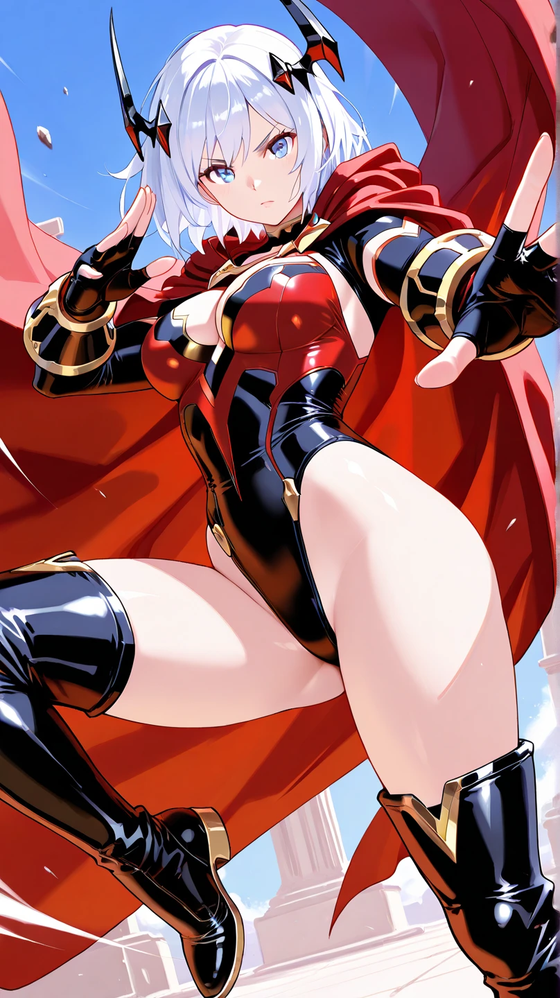 1girl,Alicia Viewsrtream,red lips,red impossible clothes,red elbow gloves,red thigh boots,cape,incredibly absurdres,Volumetric Lighting,moody lighting,thighs,realistic,reality,hetero,smug,fighting_stance, best quality:1.4, intricate details, sharp focus, highres, eleborate atmosphere:0.90, 8K, 4K, UHD, 32k UHD resolution, realistic photo, professional photography, Ultra Detailed 8K CG, ultra high res, High quality texture, High quality shadows, vivid colors, HDR