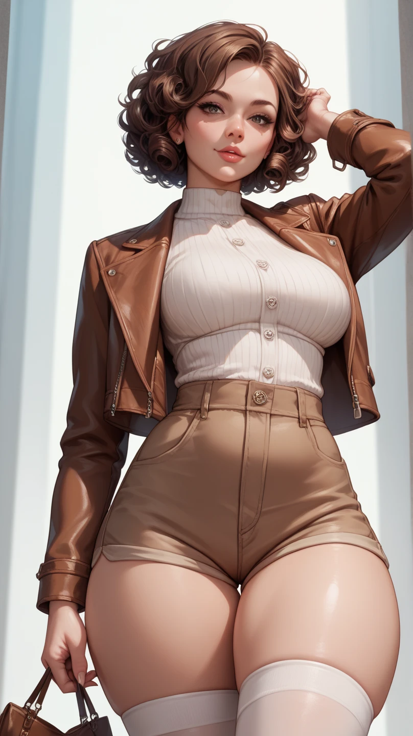 (masterpiece), best quality, expressive eyes, perfect face(masterpiece), best quality, expressive eyes, perfect face, a woman, 25 age,  80s style, short white hair, bronze skin, large breasts, wide hips, brown leather jacket, 
amber eyes, dark aviator glasses, neon city on background, holsters, spike chocker, holster, gun holster, bondage gear, armwear, legwear, black gloves, elbow sleeves, thick thighs,  pantyhose, harness, shaved pussy, pussy visible through clothes, see-through pantyhose, pussy visible through pantyhose, shirtless, 