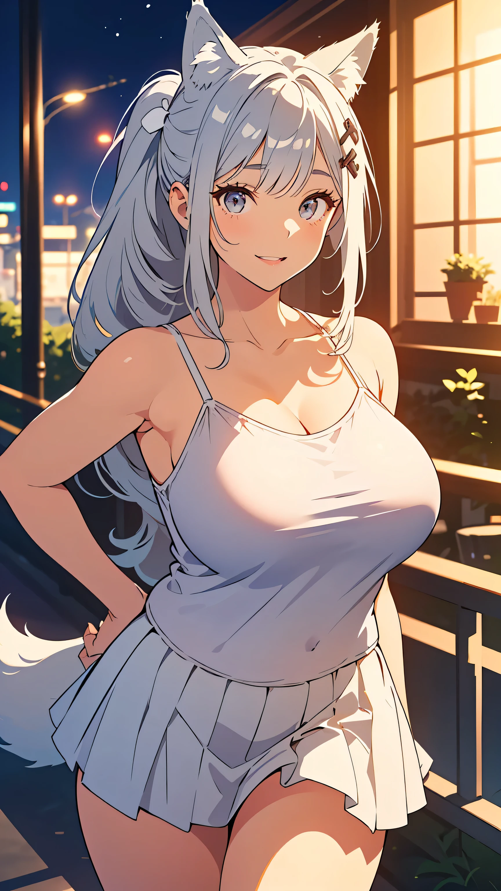 High resolution, highest quality, super high quality,3D Images、Kumiko、3D Images、beautiful flower々Garden in full bloom、Gray Hair、Wavy long hair、Very detailed CG Unity 8k wallpaper, [3D Images:1.15],Attractive eyes、[[Fine grain、blue eyes、Shining Eyes:1.15]], , Very detailed,Thin fingers、Front view、Cinema Lighting、super high quality,3D Images ,White Hair、Mouth closed、Absolute reference to the center、Cute no matter who looks at it、clavicle,Off the shoulder, Sweater dress,Very long hair、Absolute reference to the center、whole body, alone,Cinema Lighting、smile、blush,Cowboy Shot、Leaning forward,Gray Hair, Cleavage, ((Very large breasts)),Big Ass,blue eyes,Big eyes,clavicle, Mature Body,Attractive body,(Trained abdominal muscles),Make your face a little smaller,Enlarge your breasts,expensive,blush,High Ponytail,