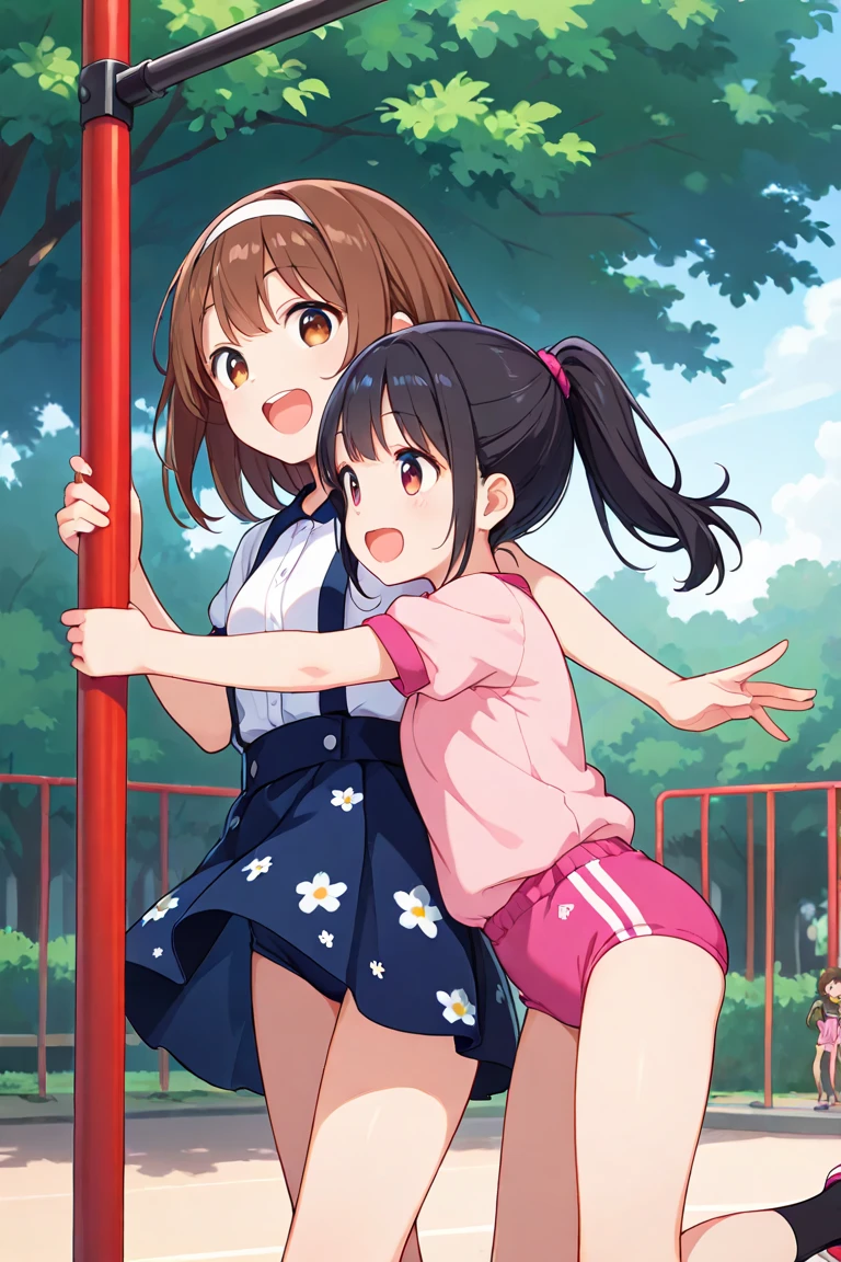 highest quality, Ultra-high resolution, (Realistic: )2D official style cel animation,((2Girls sitting in a row))Primary school students、brown、ponytail、White Big Ribbon、Glasses、Quilted mini skirt,Summer Shirts,Unbutton、(Lace panties),loose socks,sneakers,Full body portrait,(From below),Station stairs,sunny,Spread your legs、from the front、blush、shut up、