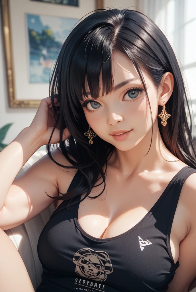 adorable girl,((masutepiece, 8K, 16 K, Best Quality, High quality, Ultra detailed eyes, Fine skin, hyperdetailed face, High resolution, professional work, Perfect Anatomy, Perfect body, Perfect hand anatomy, perfect finger anatomy, Oily skin, Beautiful face, Beautiful eyes, lipgloss)), (Slim body, huge tit), Black hair, straight hair with blunt bangs, lying on bed, spreads her legs, Looking at Viewer, Sweet smile, Focus from the top, Naked, Naked, Naked, Hyuga hinata,