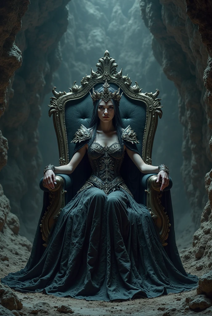 Hades, the god of the underworld, imposing and serious-looking, sits on a black stone throne adorned with intricate carvings of skulls and serpents. Beside him, Persephone, in a dark, elegant dress, has a serene and majestic expression. The background is a gloomy, misty landscape, with a greyish sky and dark rocks. Ethereal spirits and shadows float around, creating an atmosphere of mystery and power. A dim light shines from a corner, partially illuminating the divine couple.