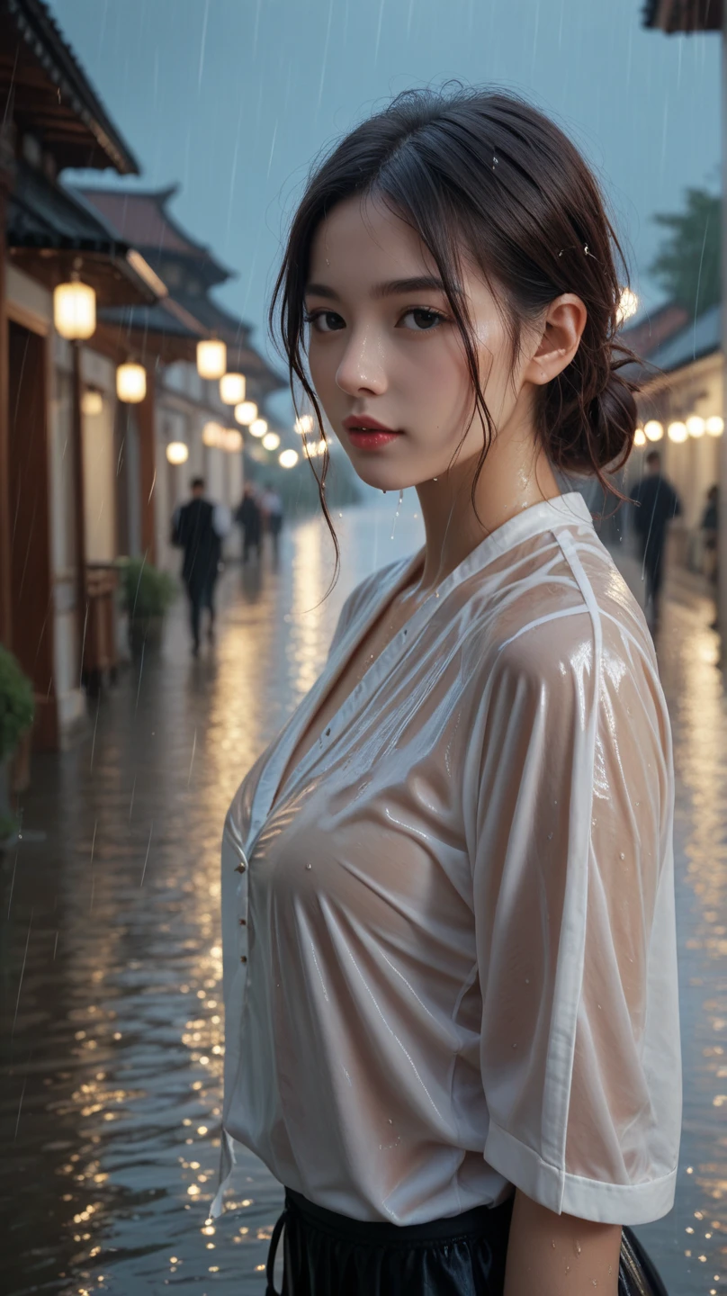 ((Best quality, 8K, masterpiece: 1.3)), Key Points: 1.2, Perfect body beauty: 1.4, Hips: 1.2, (Layered Hairstyle), (Wet clothes: 1.1), (rain-soaked streets: 1.3), (Bare breasts: 1.2), (Hanfu: 1.2), Bare shoulders, Bare legs, Highly detailed face and skin texture, Beautiful eyes with double eyelids, Whiten skin in rain, Long hair seen in the Bokeh background, (Exhale softly: 1.5).
An elegant and stunning