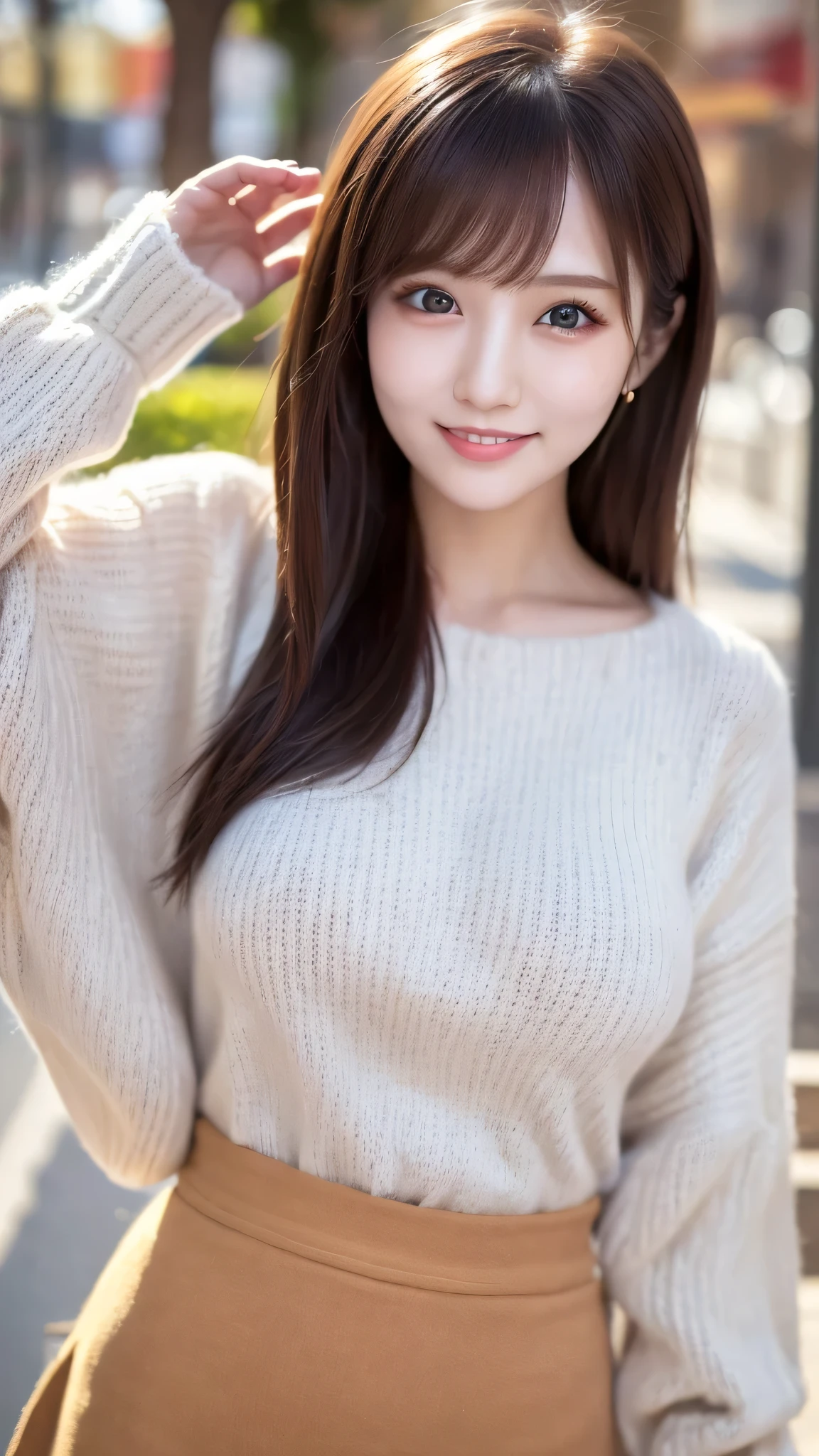 1 Japanese girl,(White sweater:1.4), (RAW Photos, highest quality), (Realistic, Realistic:1.4), Tabletop, Very delicate and beautiful, Very detailed, 8k wallpaper, wonderful, In detail, Very detailedなCG Unity, High resolution, Soft Light, Beautiful details 19 years old, Very detailedな目と顔, Beautiful and sophisticated nose, Beautiful details,Cinema Lighting,Perfect Anatomy,Slender body,smile  (Asymmetrical bangs,)